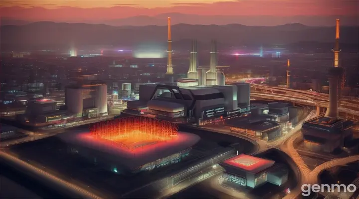 A futuristic industrial landscape depicting the Maishima Incineration Plant and its surrounding areas in a way that makes them appear sophisticated and elegant in osaka japan