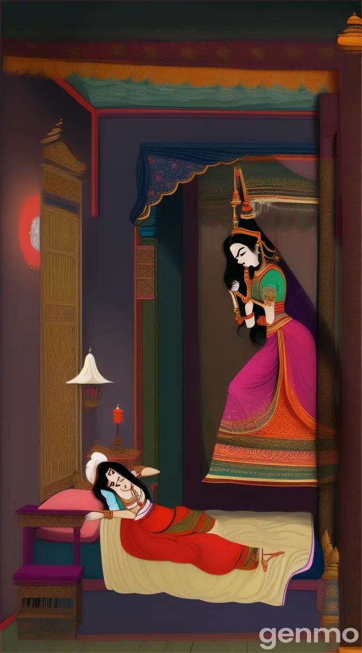 **Headless Ghost Abducting Radha**: The headless ghost entering Radha's room silently, lifting her from the bed. Radha appears to be in a deep sleep, unaware of the impending danger.