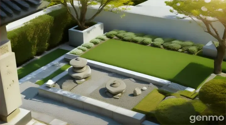 A minimalist terrace with a zen garden featuring a stone lantern, overlooking the water in osaka japan