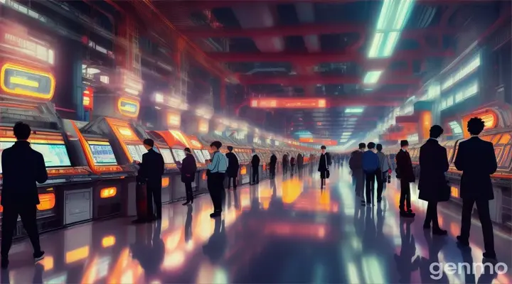  people walking in a production line looking to their smartphones, anime style