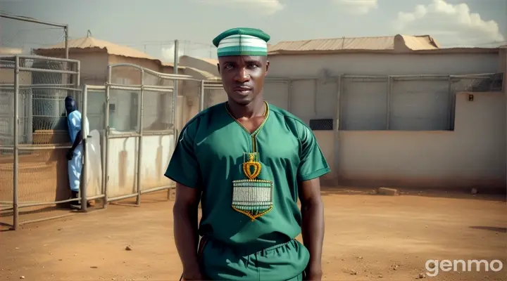 A prison yard in southwest nigeria. A young Nigerian man dressed in prison outfit and in his forties is standing facing the camera. Behind him are other Nigerian prisoners posing for the camera 