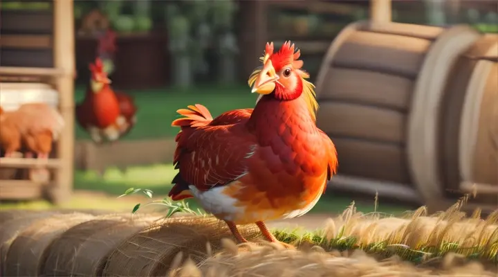 Once upon a time, on a bright and sunny farm, there lived a little hen named Limba. She has soft, red feathers and a curious beak that loved to explore. farm scene with animals around. red hen