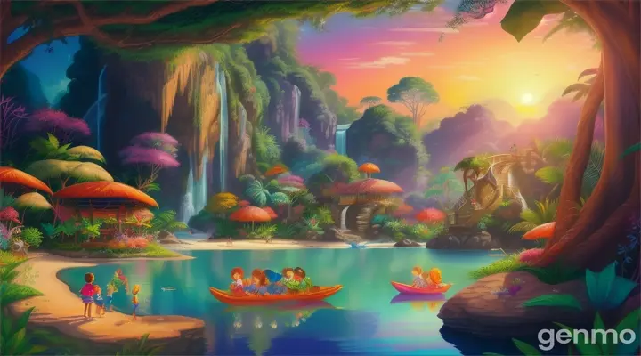 The kids finally reached the heart of the jungle, where they found a hidden oasis. It was a beautiful place, untouched by human hands, with crystal-clear water and vibrant plants. As they rested, they reflected on their encounters with the dinosaurs.cartoon illustration
