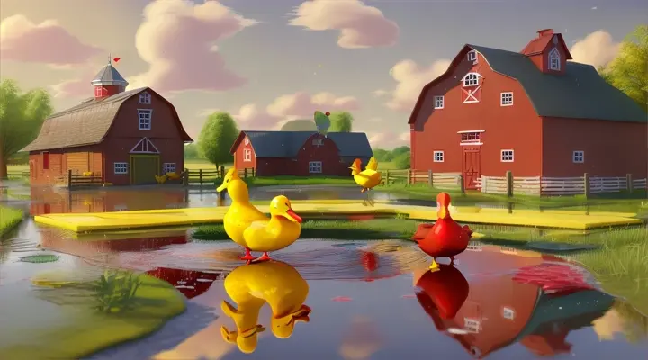 a red hen and yellow duck splashing in a puddle on a farm. disney style