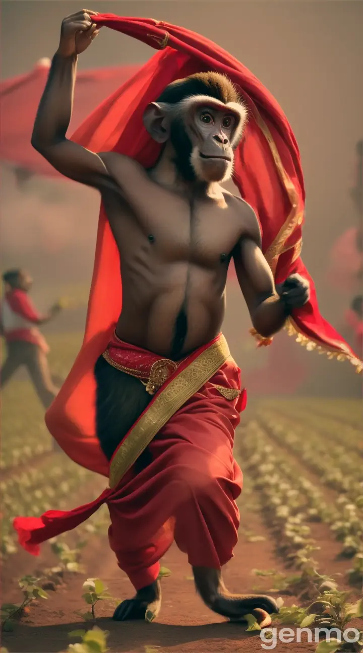 The monkey is wearing white long skirt and white blouse and red color saree dancing fir a song in the cotton field