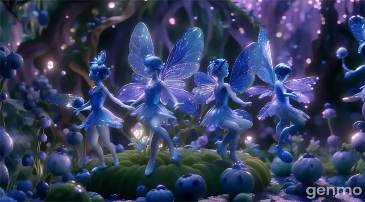 a group of blue sparkling fairy figurines sitting on top of a lush blueberry fields