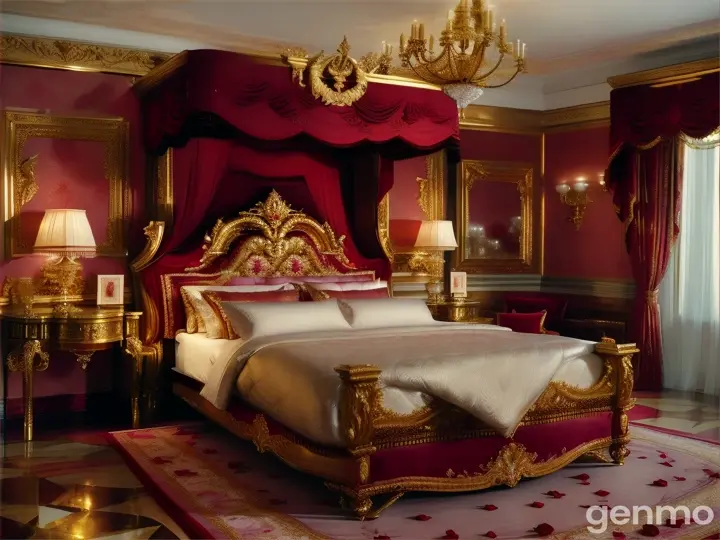 Decore golden bed room with red roses 