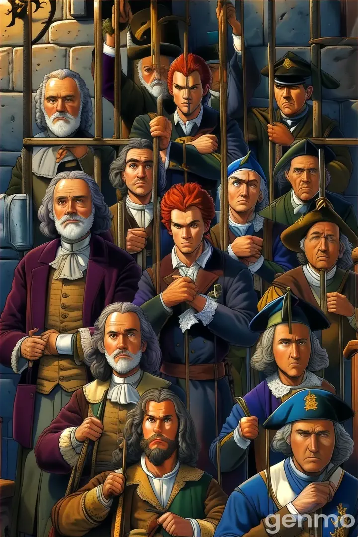 a group of people behind bars