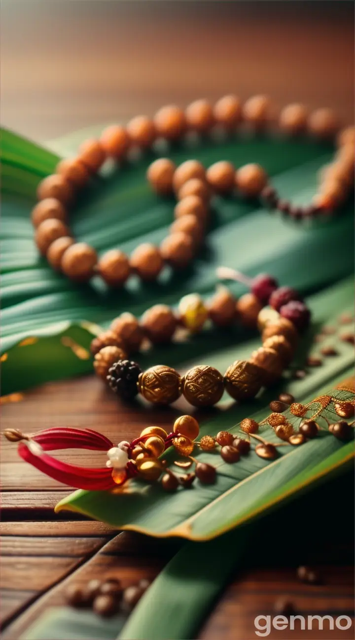 rudraksha mala on banana leaf,closeup,amazing angle, spectacular lighting,background blurred