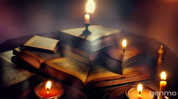 Witches coven meeting in the dimly lit stacks of an old library, surrounded by ancient tomes and dusty magical artifacts