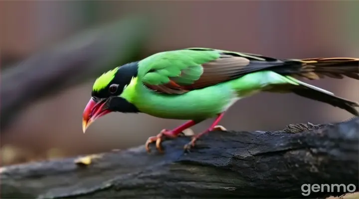 a green and black bird standing on a tree branch