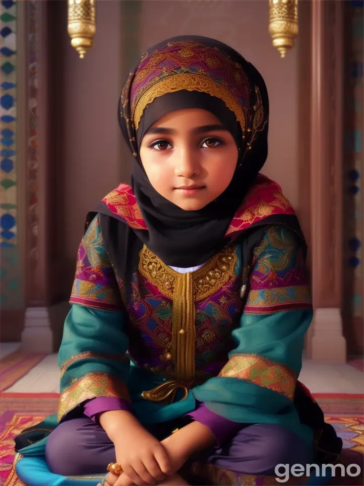 A Muslim little girl sitting on the floor of the room