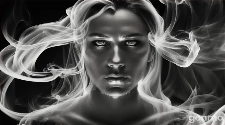 photography of flowing smoke in the shape of a strong face, translucent face, lightning through the fumes, glowing eyes, (lightning and thunder:1.4), professional photography, award winning photography, masterpiece, professional photography, in the style of smoke, smoke, lightning