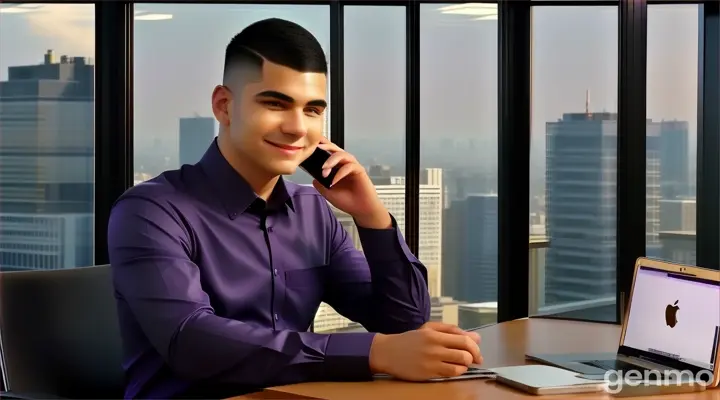 in the city, at 21st floor of the building, inside the office, a smiling man with Skin fade Buzz cut black hair in deep purple long sleeve formal shirt sitting at the office desk with a apple laptop talking on cell phone