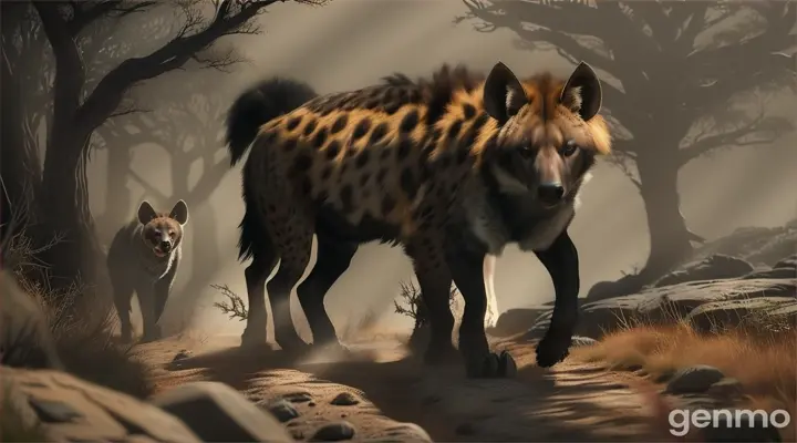  hyena fur is rough and dark, and his eyes glint with malice as he steps out of the shadows, blocking deer's path