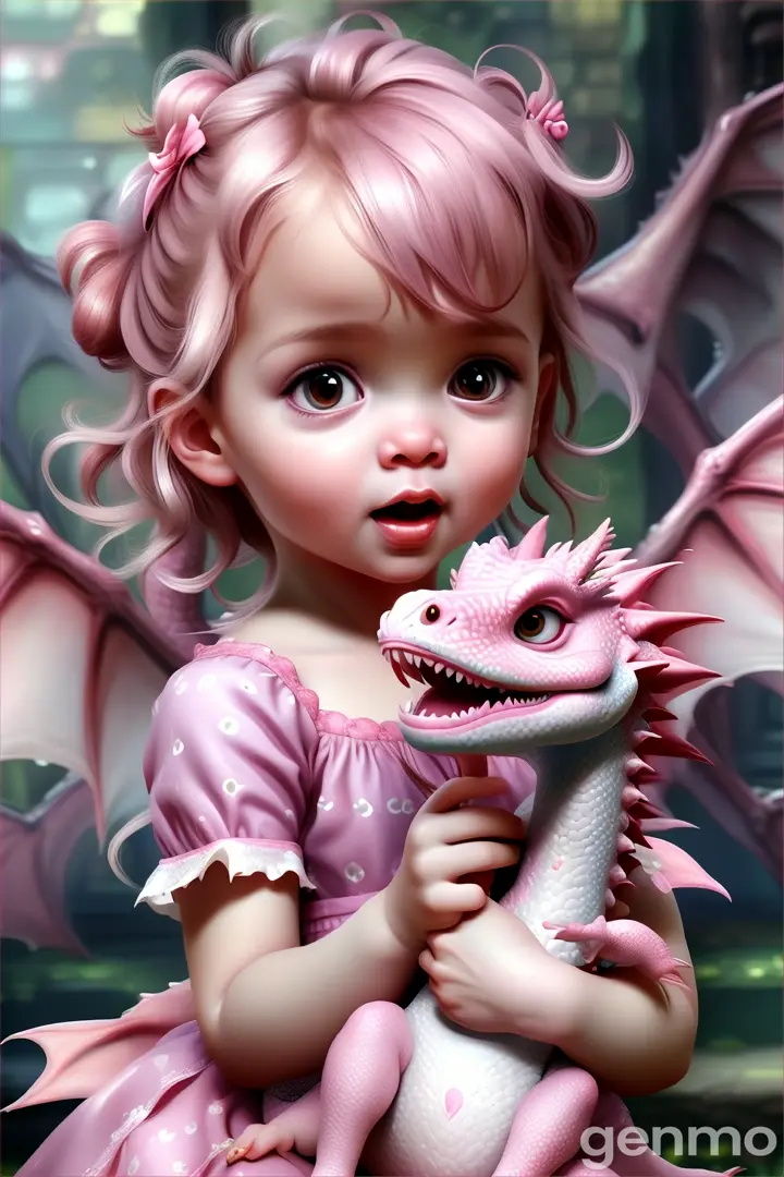 a painting of a little girl holding a pink dragon