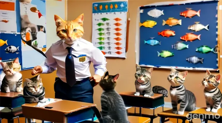 a cat in a tie is standing in front of a group of kittens