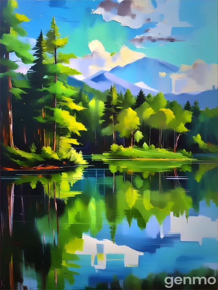 a painting of a lake surrounded by trees