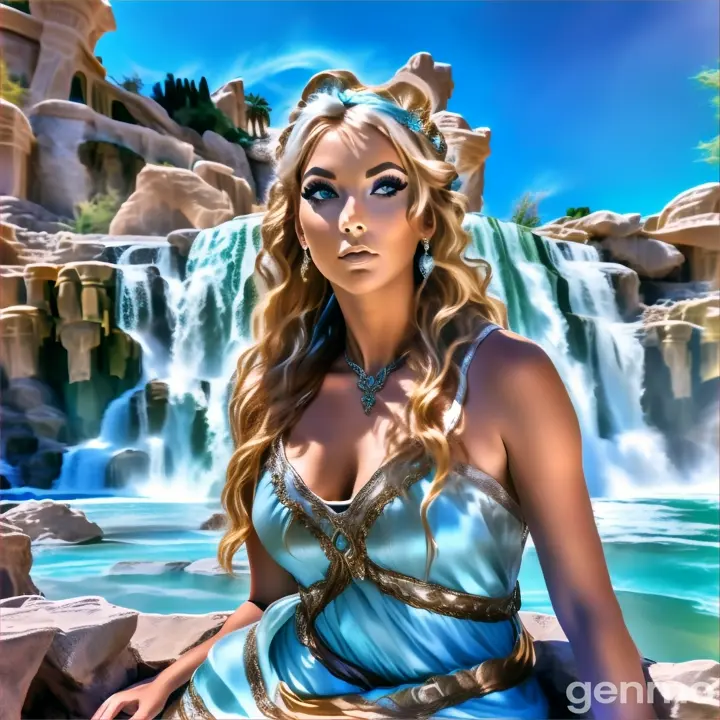 a woman sitting on a rock in front of a waterfall