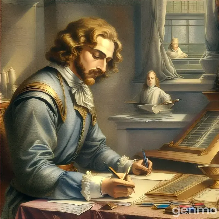 a painting of a man writing on a piece of paper