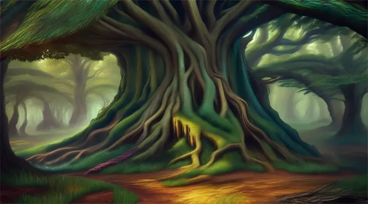 wood, tree, art, trunk, tent, adaptation, forest, cg artwork, painting, mythology