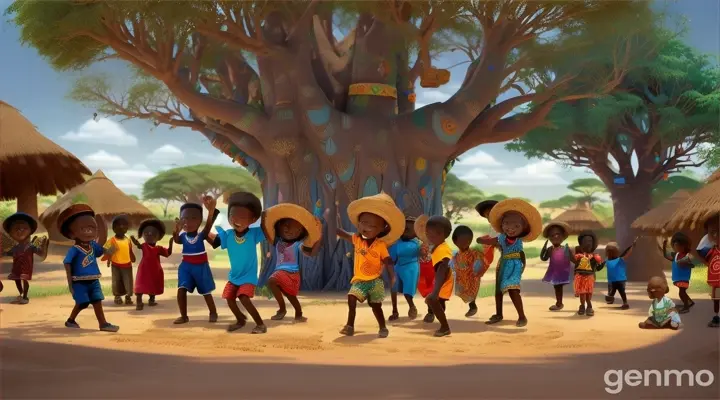 African little boy In a far-away land, nestled between rolling savannas and towering mountains, there lived a family known as the Baobabs. They were a joyful, energetic bunch, always singing and dancing beneath the branches of the ancient baobab tree that stood at the heart of their village.he is wearing African shirt and a blue short pants 3d pixar make sure you can see the face and full body of each dancer also add adults dancing with the children