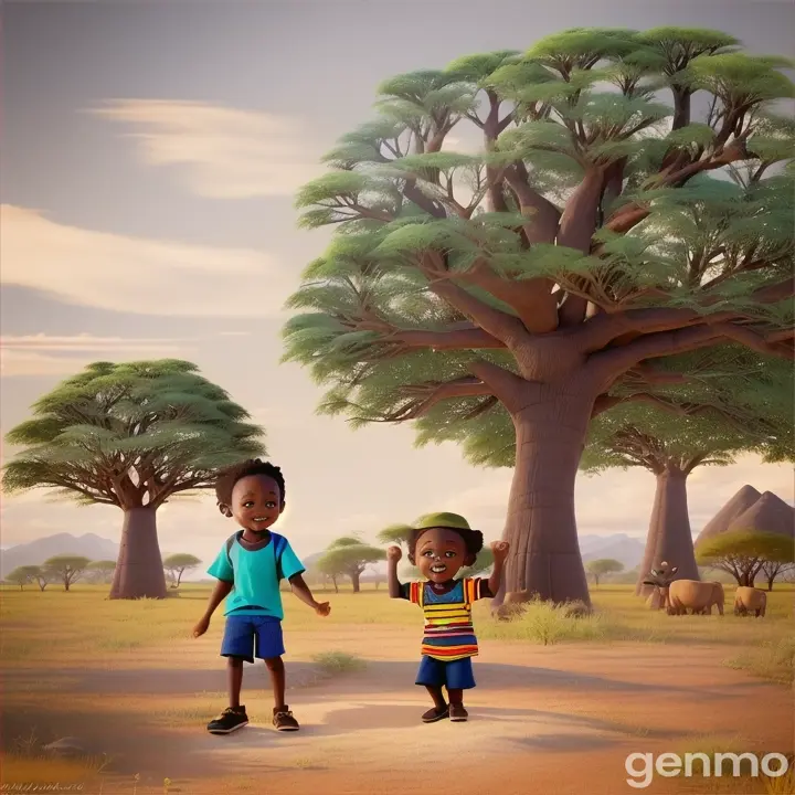 African little boy In a far-away land, nestled between rolling savannas and towering mountains, there lived a family known as the Baobabs. They were a joyful, energetic bunch, always singing and dancing beneath the branches of the ancient baobab tree that stood at the heart of their village.he is wearing African shirt and a blue short pants 3d pixar make sure you can see the face and full body of each dancer also add adults dancing with the children 3d