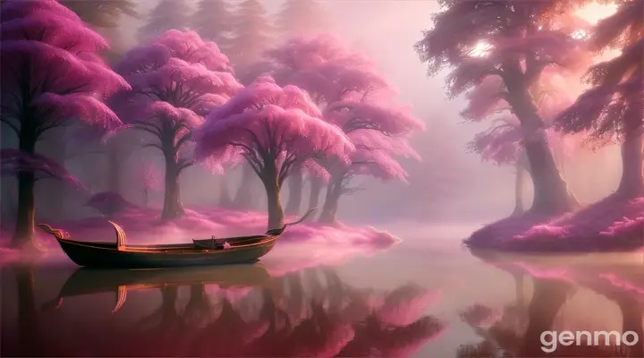 The magic boat swims in the fog around the magic pink forest