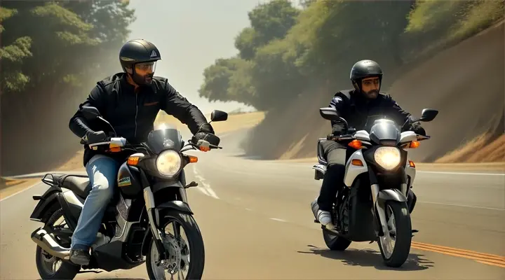 Create a realistic, cinematic video of actor Ajith Kumar coming in black color Bajaj pulsar 125 cc motorcycle High speed at 140 kilometres per hour, actor Ajith Kumar wearing white color shirt and white color veshti , wearing black color helmet showing face, with salt and pepper hair and beard,12 years old little girl wearing pajama running opposite side of Ajith Kumar,some rowdies holding knife's chasing the little fair slim thin girl, actor Ajith Kumar applies sudden front brake , actor Ajith Kumar wheeling the pulsar motorcycle 180 degree right , front wheel on road back wheel on air, actor Ajith Kumar hits upcoming rowdy with his pulsar motorcycle back tyre, the rowdy falling down, actor Ajith Kumar and pulsar motorcycle also falling down and rolling , Full body, ultra long shot, drone shot 