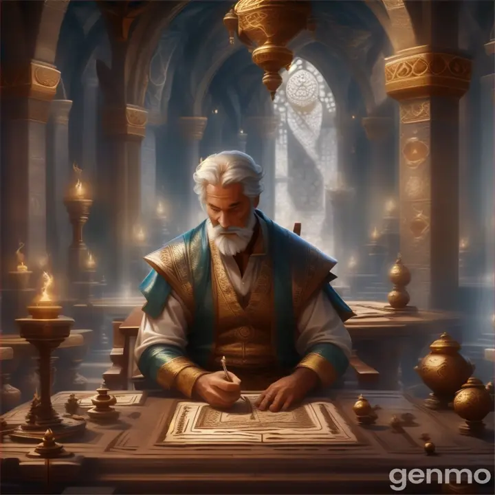 a man sitting at a table writing in a book in front of him