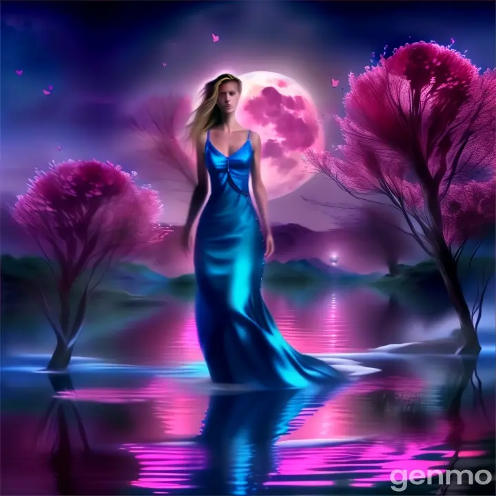 a woman in a blue dress is standing in the water