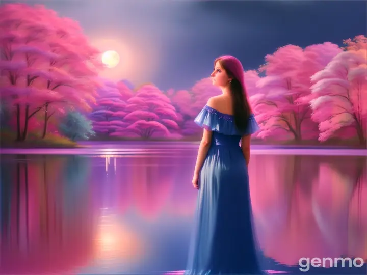 A woman in a silk blue dress is standing in the water around pink trees under the moon 