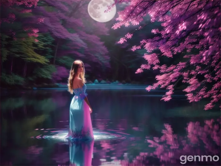 A woman in a silk blue dress is standing in the water around pink trees under the moon