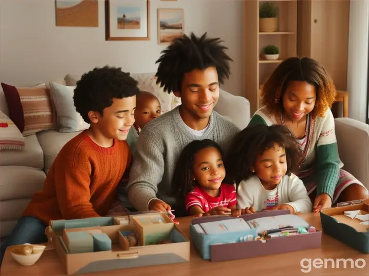 A diverse family of four packing for a global journey. The family includes two children—Lina, a Black girl with curly hair, and Kai, an Asian boy with short, straight hair—alongside their Asian mother and Kenyan father. The scene is set in a cozy, warmly decorated living room with travel bags, maps, and travel essentials scattered around. The family looks excited and ready for their adventure.