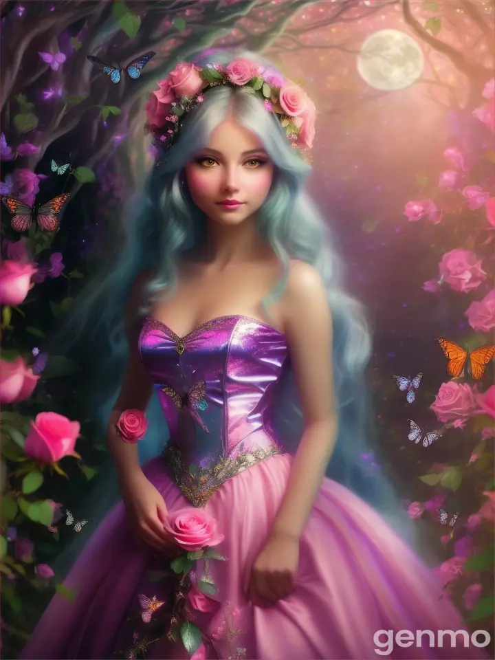 A woman smells pink roses under the moon in the magic forest with shining butterflies