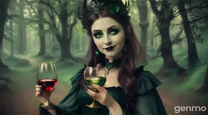 Magic woman with green eyes winks and drinks wine from the skull glass