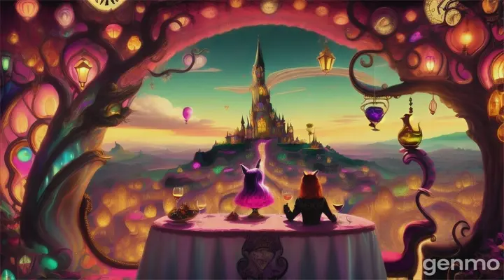 Magic woman and Cheshire drink wine
