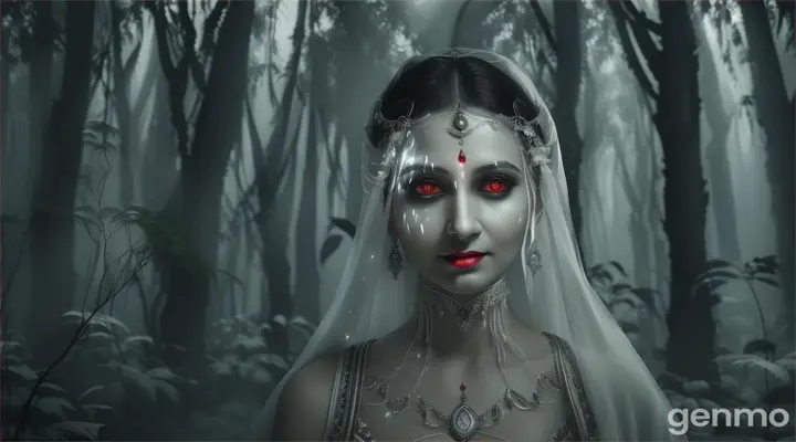 A ghostly woman in a flowing white sari, standing in the dark jungle with red glowing eyes and a sinister smile. The atmosphere is cold, with mist swirling around her. Rahul is standing frozen with fear, staring at her.