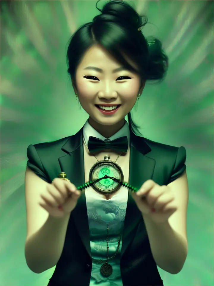 Asian female hypnotist in sleeveless tuxedo laughing with power holding a pocket watch glowing green swirling eyes”