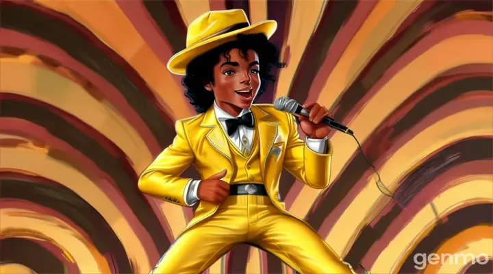 a painting of kid Michael Jackson in a yellow suit singing into a microphone