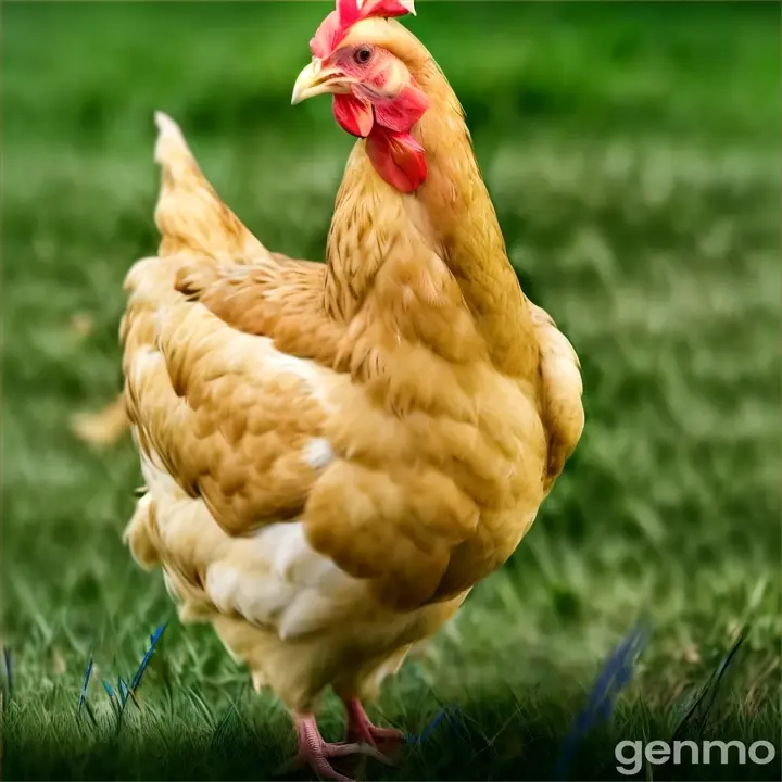 a close up of a chicken in a field of grass