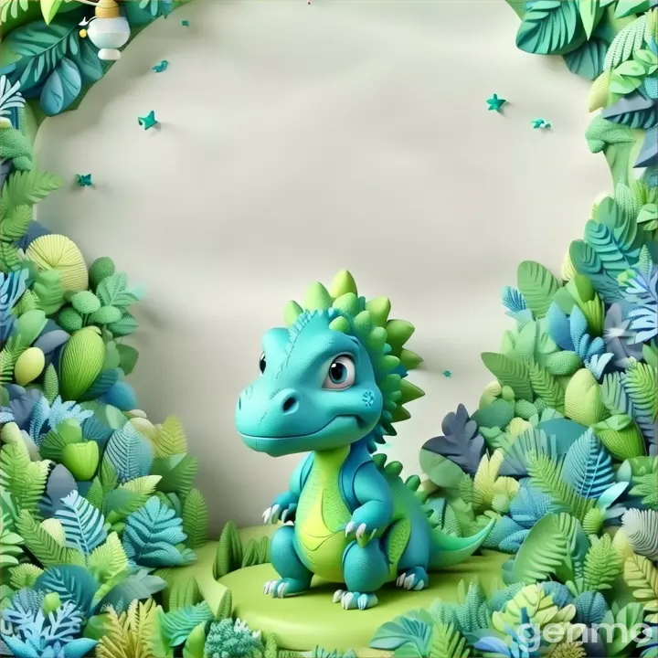 a blue and green dinosaur surrounded by plants