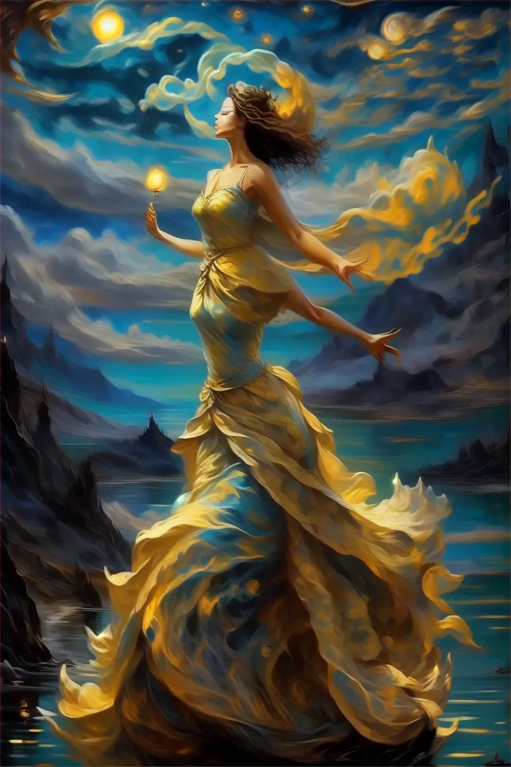 mythical creature, nature, world, painting, art, people in nature, cg artwork, tree, moon, cloud