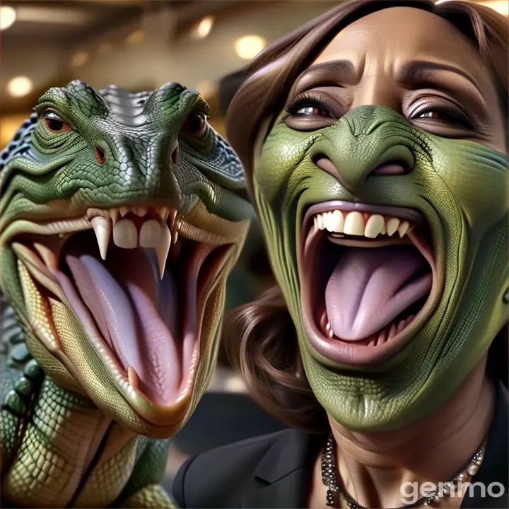 a woman with her mouth open next to a fake alligator