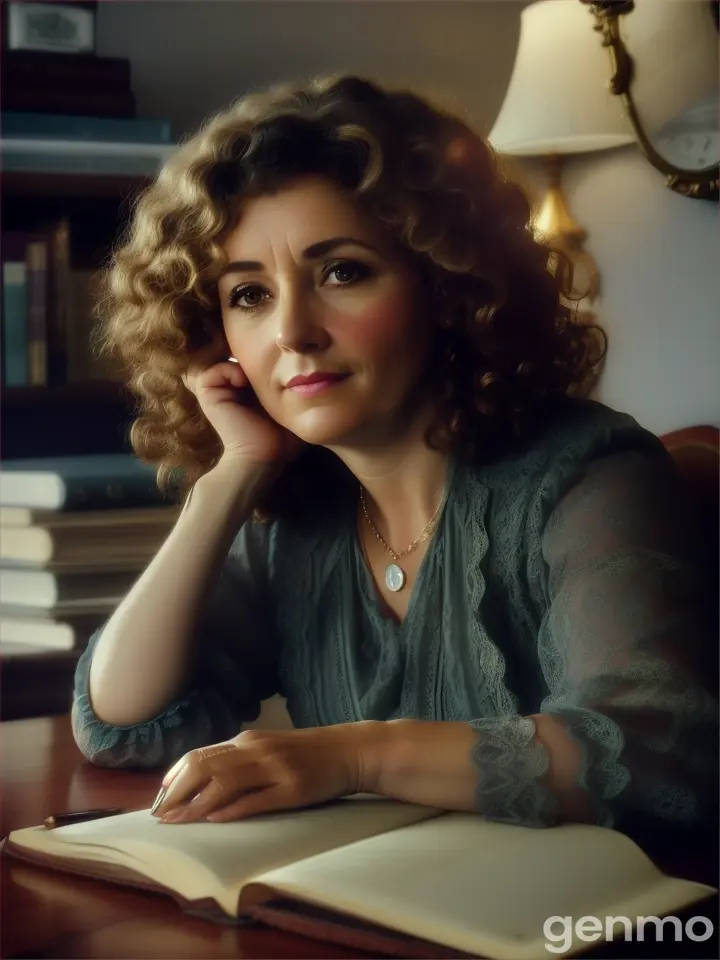 A lady in her 50's curly hair, she is studying a stone artifact in study table at home, 1970's england era and dimly lit room atmosphere