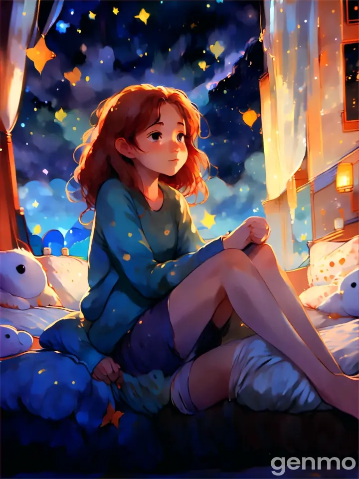 A girl sitting on the bed at night