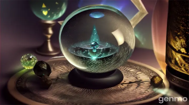 A crystal ball at center of garden, bioluminescent glow illuminates witch's tools (mortar and pestle, wand, tarot) 