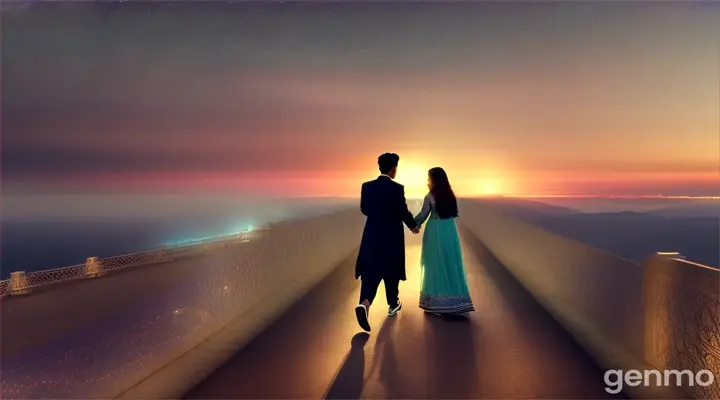 8k wide shot: A young Pakistani couple wearing modern outfits walks hand in hand through Heaven’s Celestial Bridge, a pathway made of pure light that stretches across the heavenly skies. Below them, the entire universe is visible, and above, the stars form patterns of love that guide their way.
