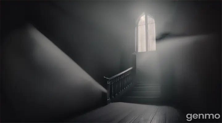 dark horror theme, a view of a stairway from a 1950's english home, foggy and dark atmosphere