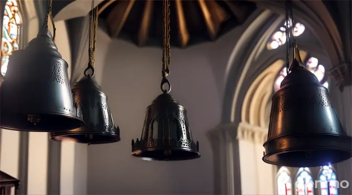 Bells swinging inside the belfry of a cathedral